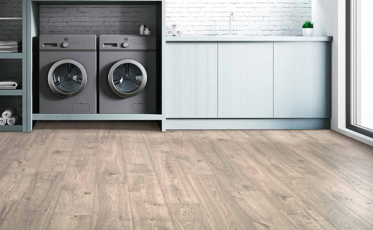 Woodlook vinyl waterproof flooring in laundry room